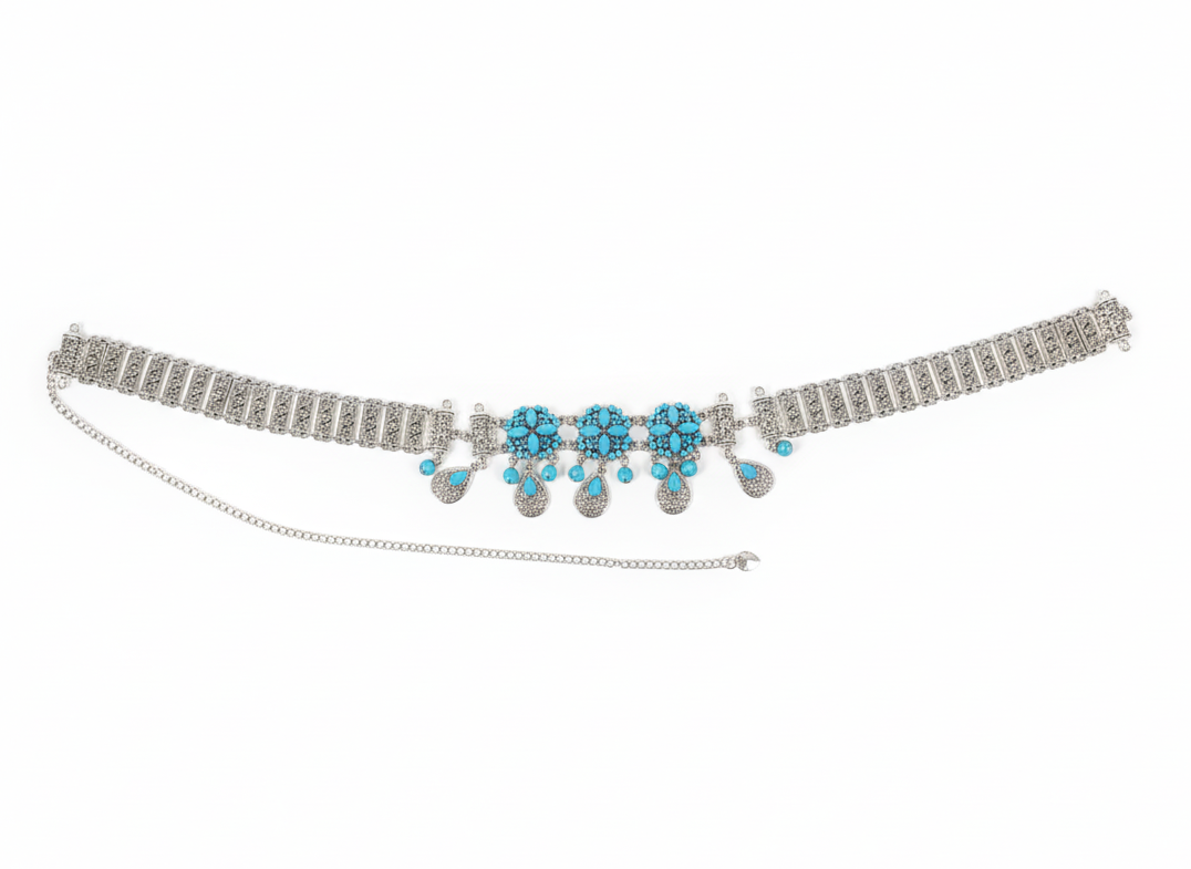 Traditional Silver-Tone Turquoise Embellished Metal Waist Belt with Draped Chain