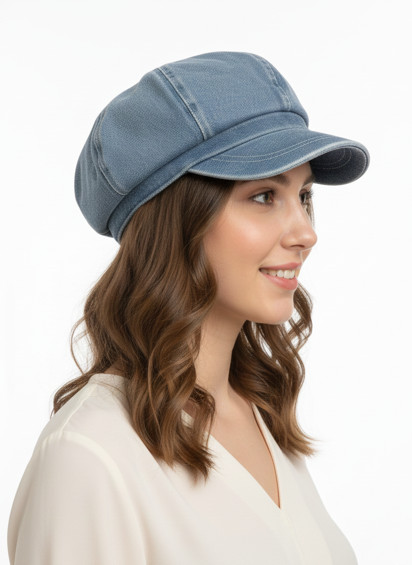 Elegant Floral-Detail Denim Newsboy Cap