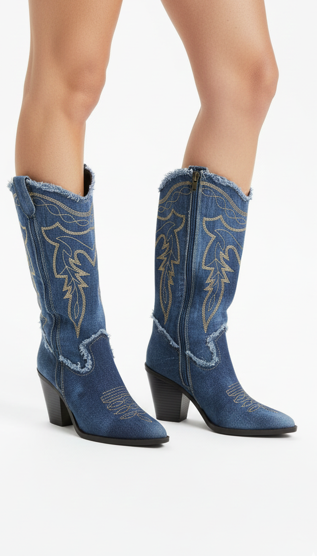 Mid-Calf Frayed Denim Western Boots