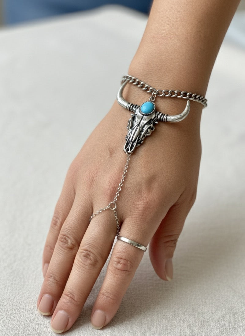 Sterling Silver Bull Skull Turquoise Hand Chain Bracelet
