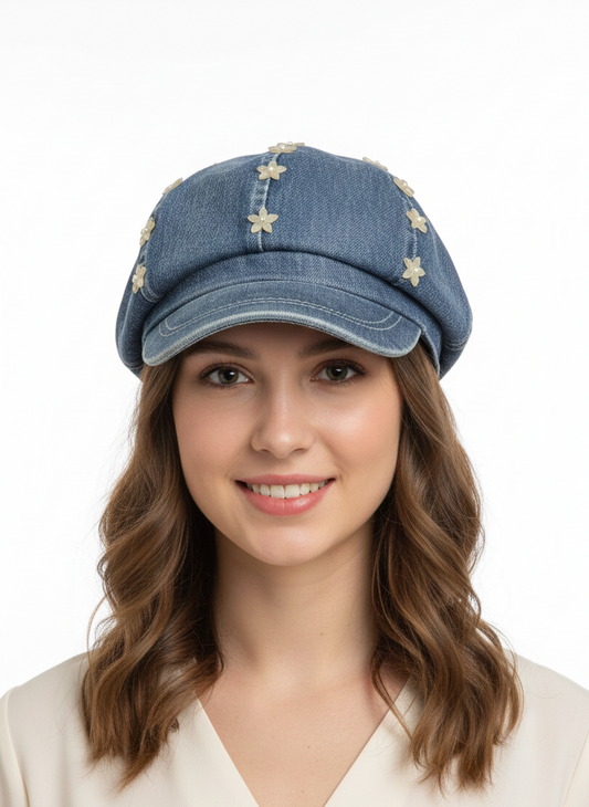 Chic Floral Embellished Denim Cap