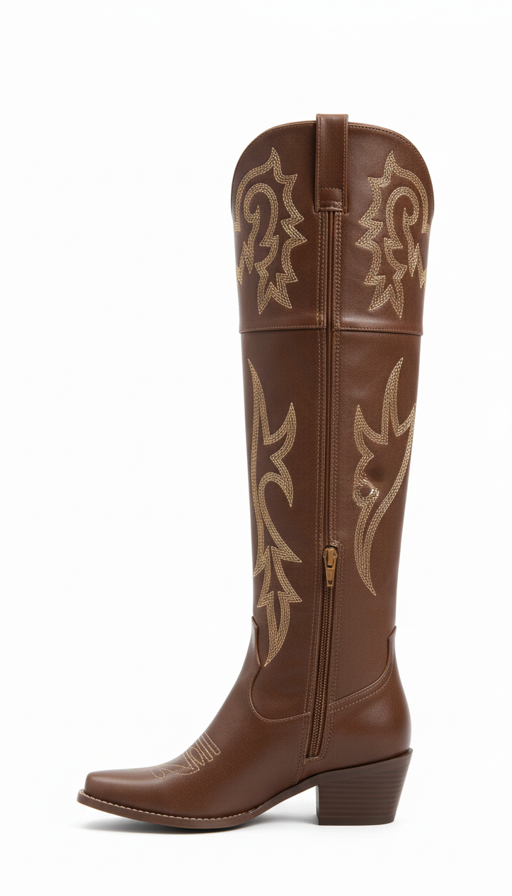 Knee-High Embroidered Cognac Boot