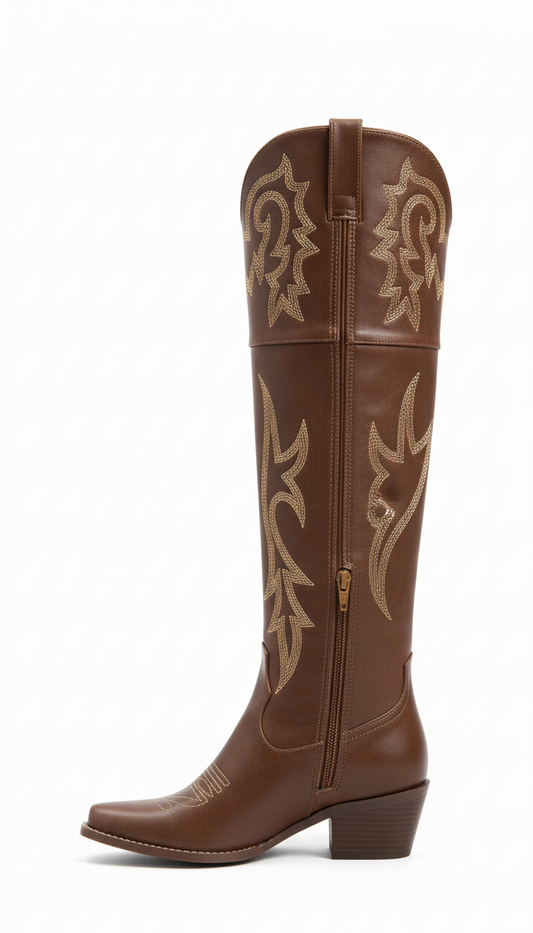 Knee-High Embroidered Cognac Boot