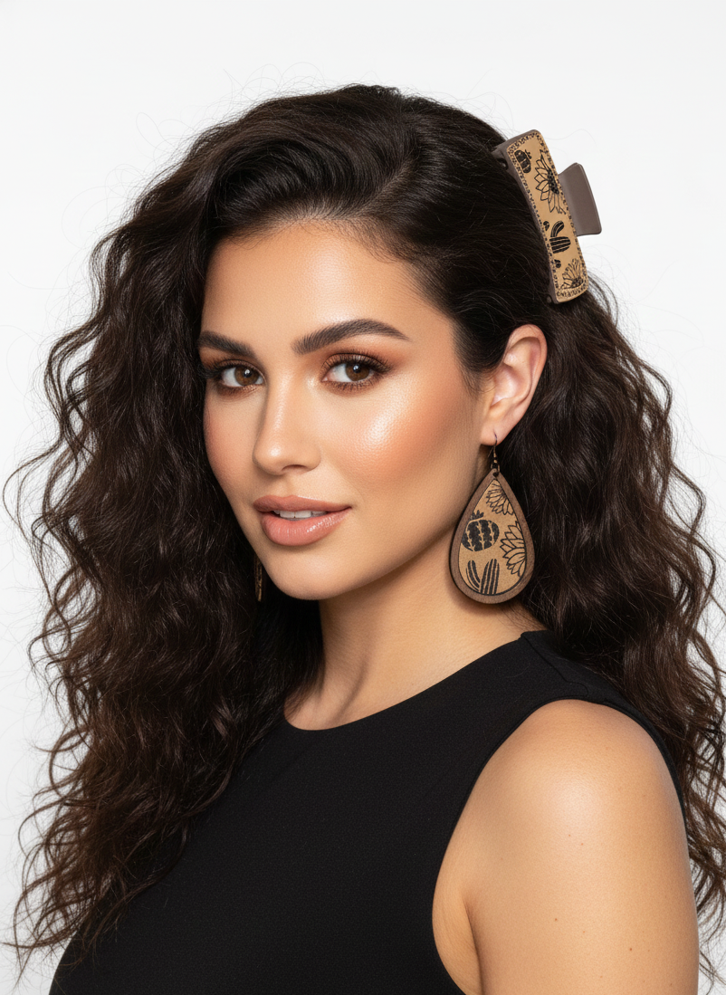 Boho Engraved Desert Print Jumbo Hair Clip | Tan Western Chic