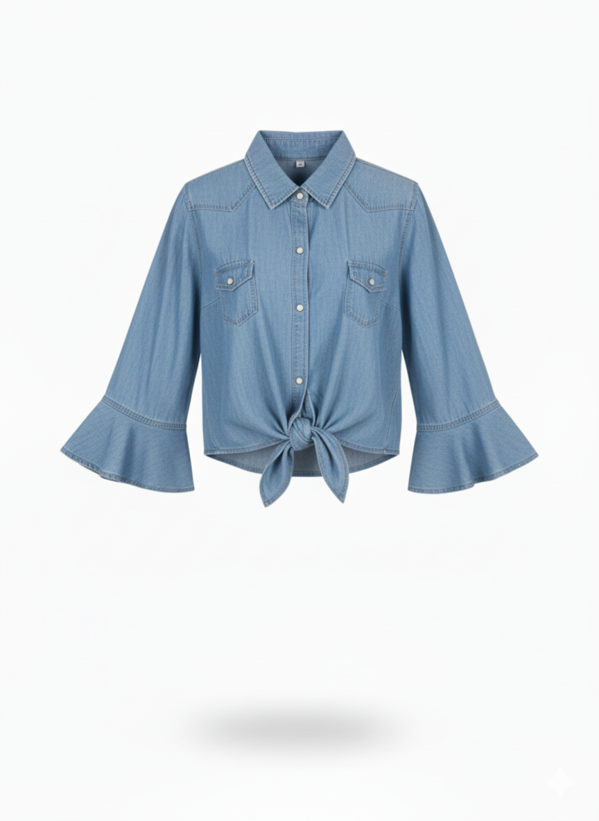 Ruffle Cuff Denim Tie Top