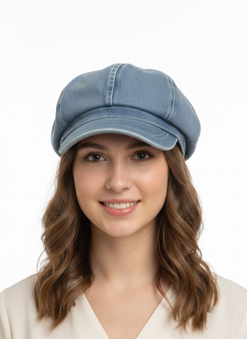 Elegant Floral-Detail Denim Newsboy Cap