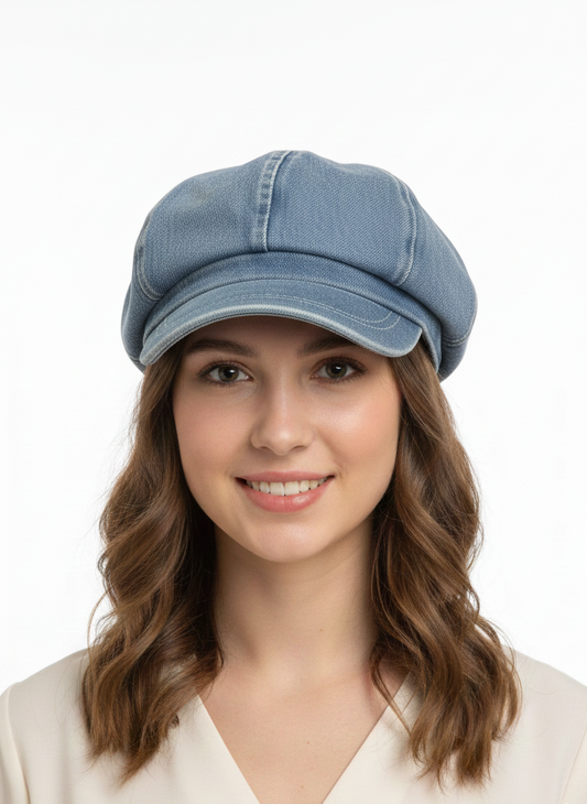 Elegant Floral-Detail Denim Newsboy Cap