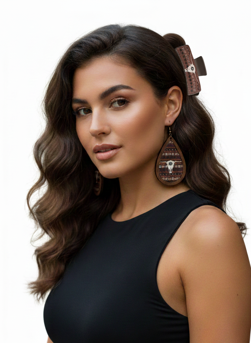 Boho Cow Skull Earrings & Hair Claw Clip Set