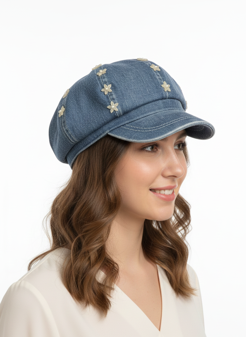 Chic Floral Embellished Denim Cap