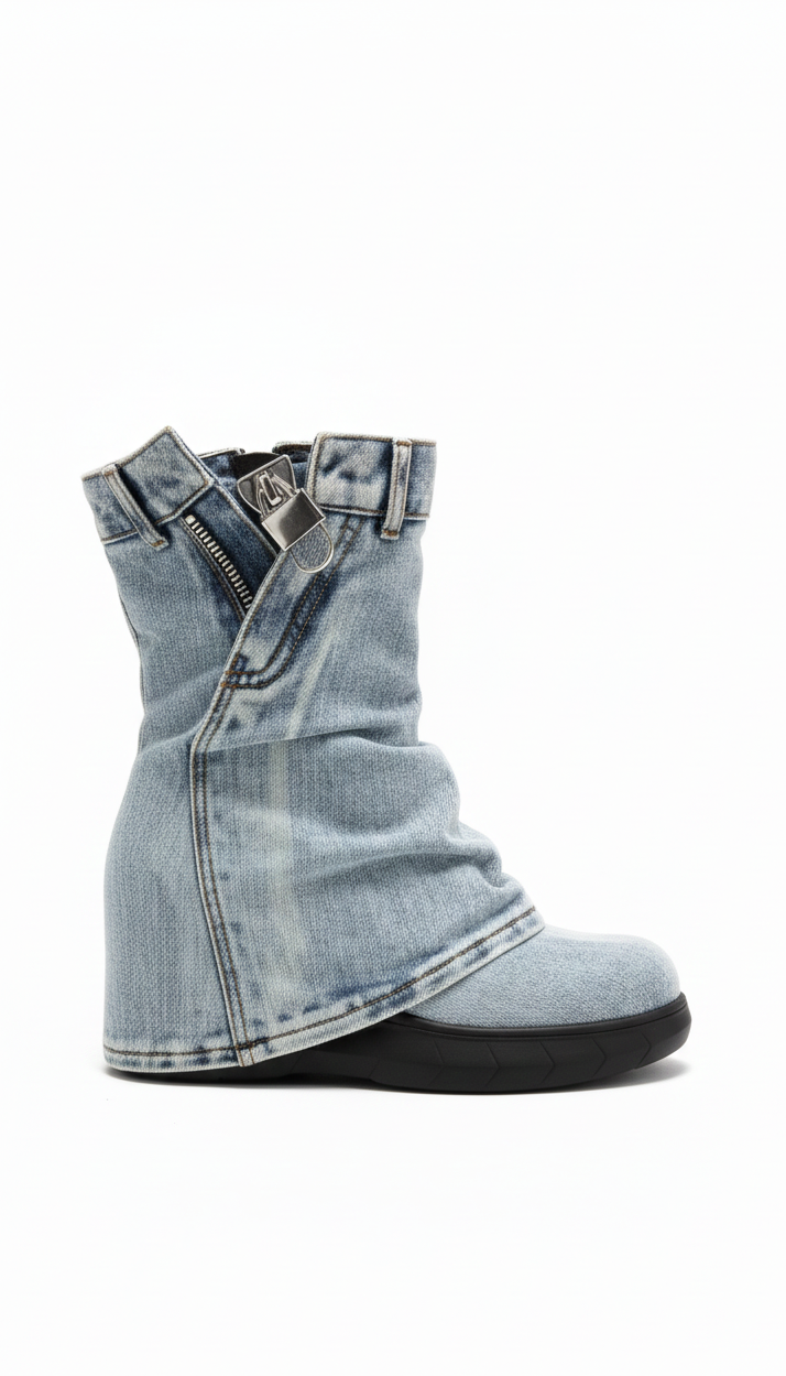 Mid-Calf Sand Denim Utility Boot