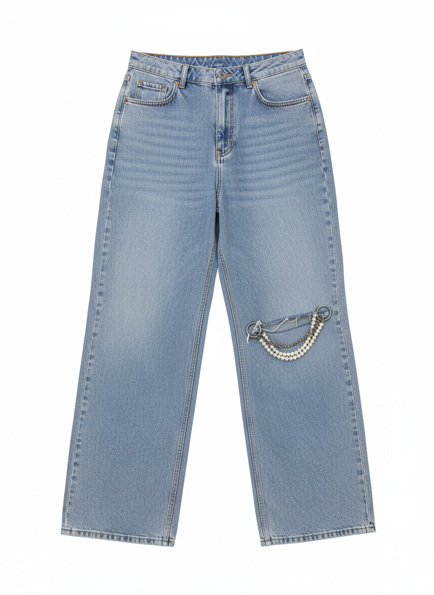 Chained & Pearled Wide-Leg Jeans