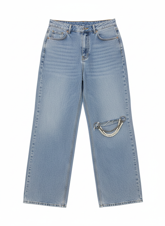 Chained & Pearled Wide-Leg Jeans