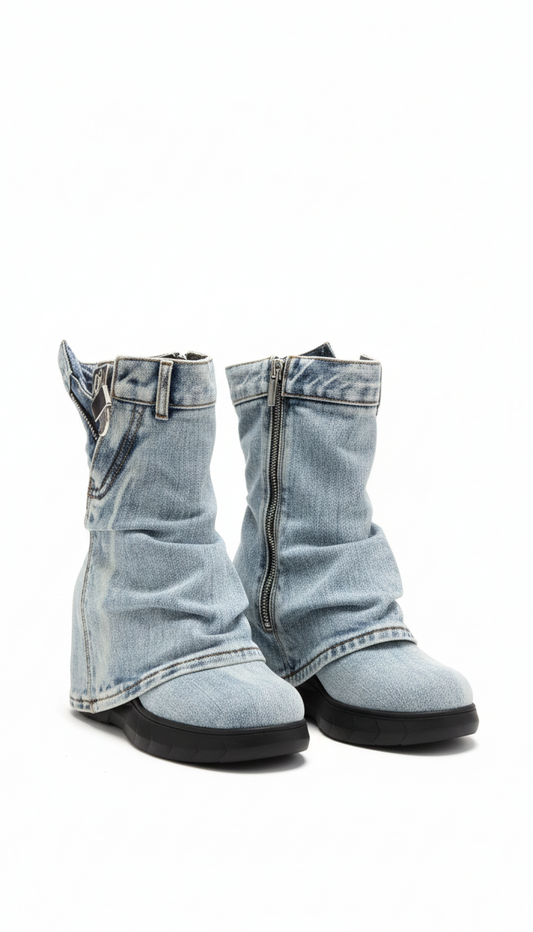 Mid-Calf Sand Denim Utility Boot