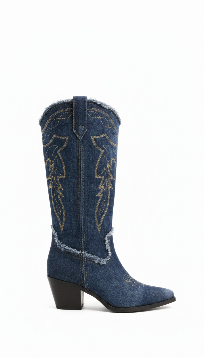 Mid-Calf Frayed Denim Western Boots