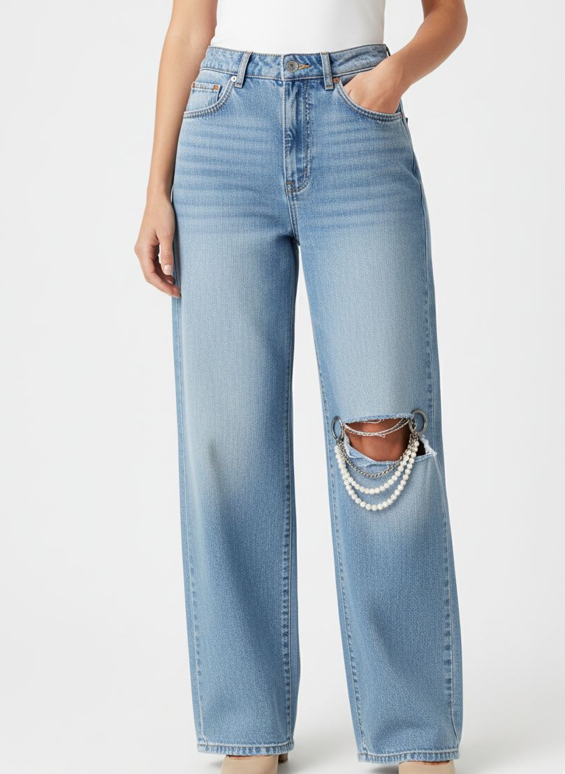 Chained & Pearled Wide-Leg Jeans