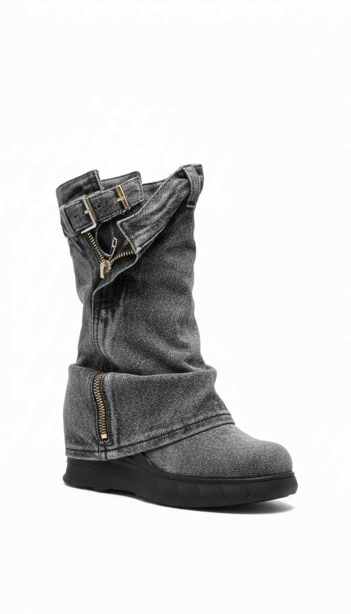 Mid-Calf Sand Denim Utility Boot