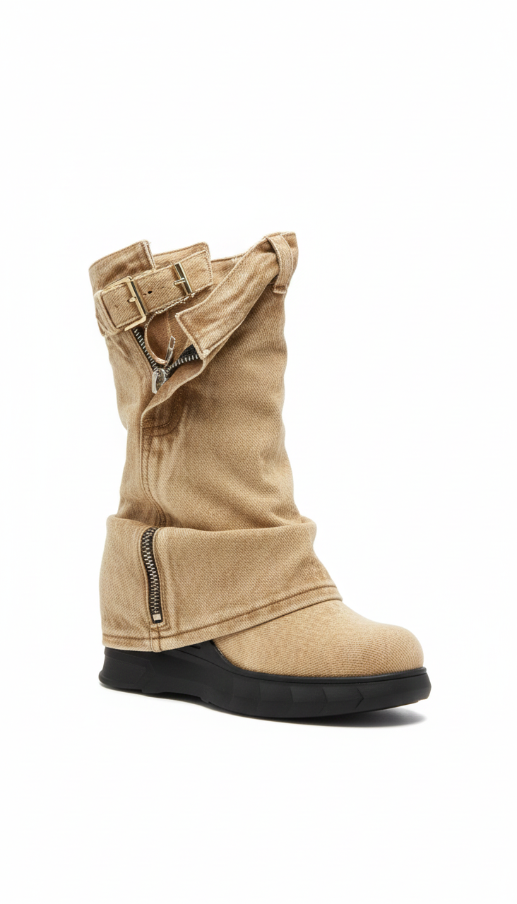 Mid-Calf Sand Denim Utility Boot