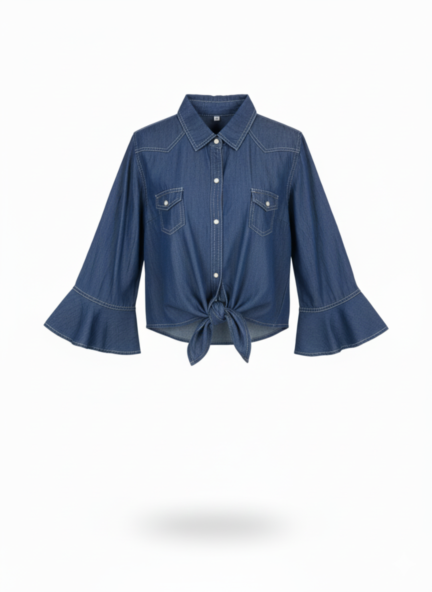 Ruffle Cuff Denim Tie Top