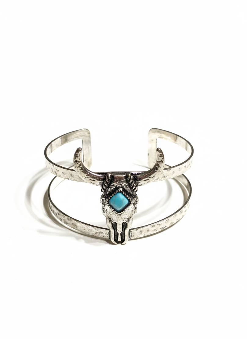Sterling Silver Turquoise Bull Skull Cuff Bracelet