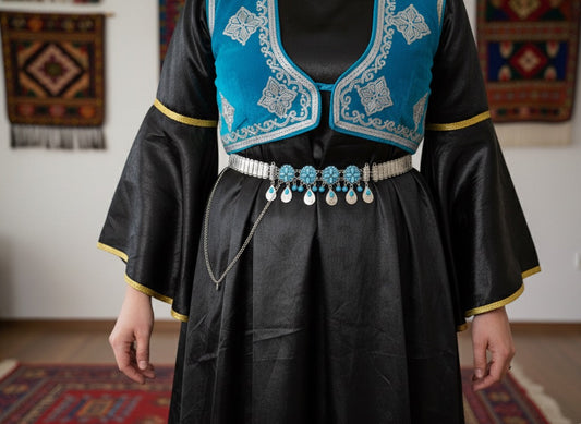 Traditional Silver-Tone Turquoise Embellished Metal Waist Belt with Draped Chain